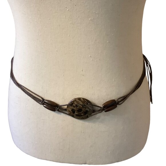 Vtg Boho Brown Beaded Belt Carved Coconut Shell Fringe Adjustable Length 75" L - Picture 4 of 7